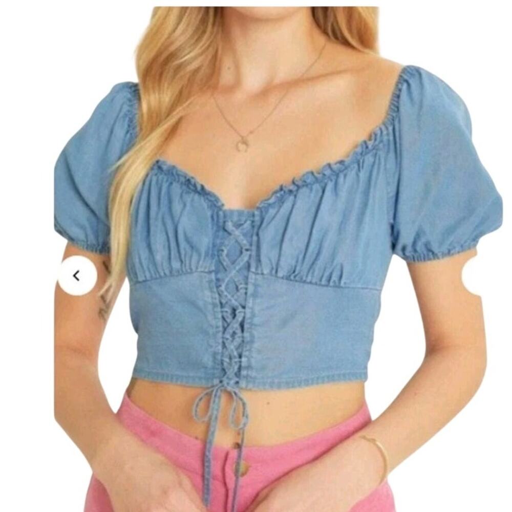 Western Cowgirl Boho Cottagecore Milkmaid Soft Blue Chambray Cropped Top Small